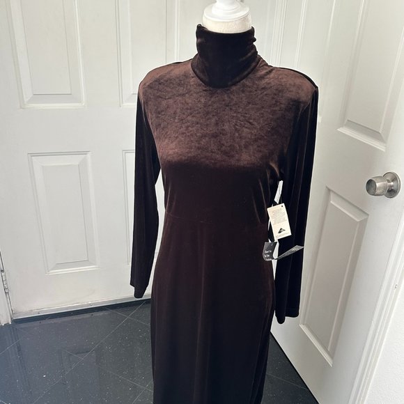 Vintage 90s Amanda Smith Long Brown Velour Turtleneck Dress – NWT 8 Petite - Picture 14 of 14